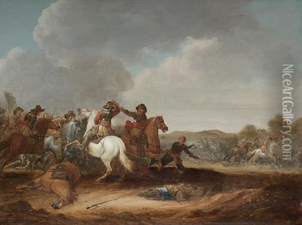 A Cavalry Skirmish With A Castle On A Plainbeyond Oil Painting - Nicolaes Quade I De Van Ravesteyn
