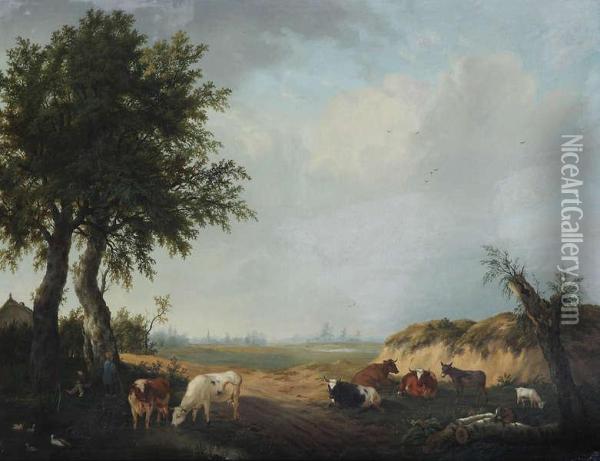 Jonge Herder Met Koeien Bij Zandweg Met Dorp In De Verte Oil Painting - Charles Desan