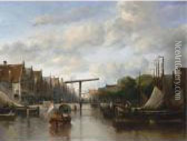 A Busy Canal In A Dutch Town Oil Painting - Antonie Waldorp