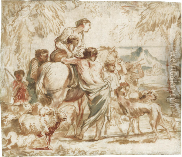 A Herdsman And His Family Oil Painting - Giovanni Benedetto Castiglione