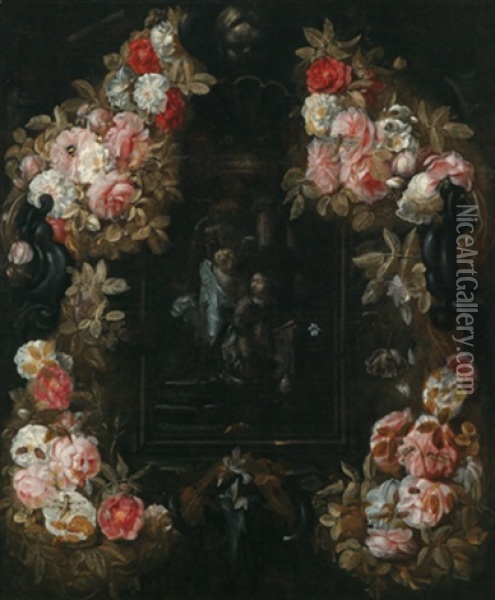 Blumengirlanden Um Eine Kartusche Mit Der Verkundigung Oil Painting - Erasmus Quellinus II