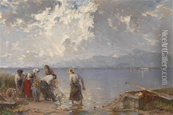 Fishing Family On Lake Chiemsee Oil Painting - Josef Wopfner