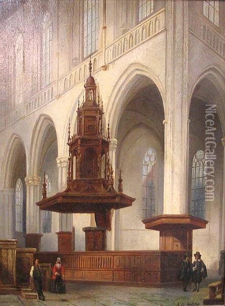 A Cathedral Interior With Figures Oil Painting - Angelus De Baets