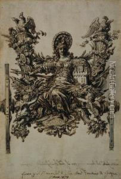 Design For The Chariot For The Entry Of Don Gaspar Mndez De Haro,marqus Del Carpio And De Helliche As Spanish Ambassador To Rome In1673: An Allegorical Female Figure Seated On A Chariot Holding Thearms Of Castille And Flanked With The Habsburg Arms And Mo Oil Painting - Giovanni Paolo Schor