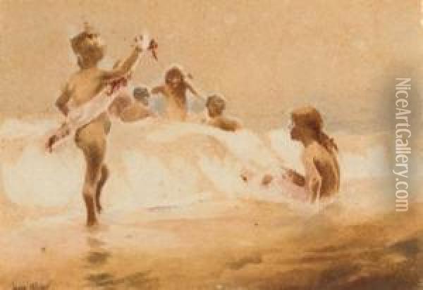 Children At The Beach Oil Painting - Jesse Jewhurst Hilder