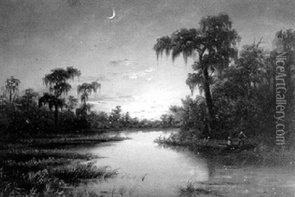 Bayou Teche Nocturnal Landscape Oil Painting - Harold Rudolph