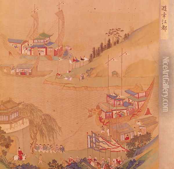 The Second Sui Emperor, Yangdi (569-618) with his fleet of sailing craft, from a history of Chinese emperors Oil Painting - Anonymous Artist
