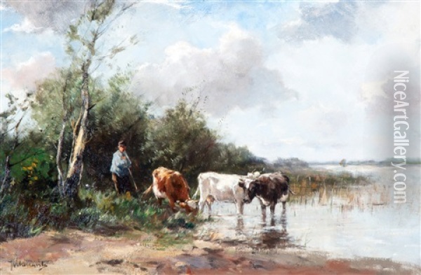 Koeien Aan De Waterkant Oil Painting - Johan Frederik Cornelis Scherrewitz