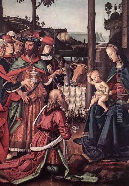 The Adoration of the Magi (detail) c. 1476 Oil Painting - Pietro Vannucci Perugino
