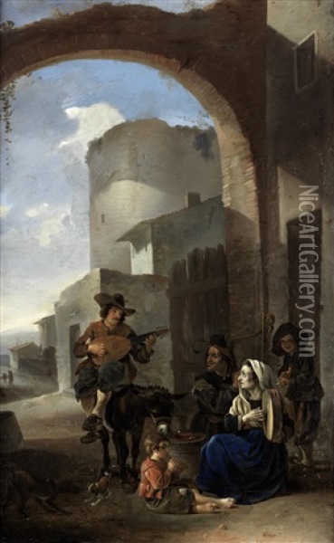 Peasants And Travellers Making Music; And Peasants Before Church Steps (pair) Oil Painting - Antoon Goubau