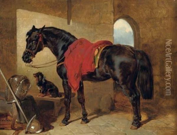 The Cavalier's Charger, Saddled 
And Draped With A Crimson Cloth, A King Charles Spaniel With A Blue Bow 
Around Its Neck, A Cuirass, Pike-handle And Helmet On The Ground To The 
Left Oil Painting - John Frederick Herring Snr