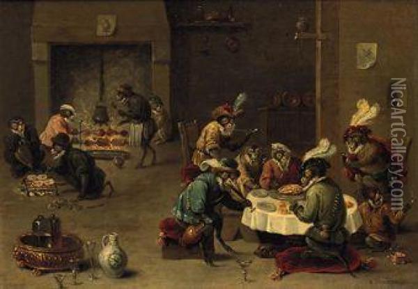 Monkeys Smoking, Drinking And Preparing A Meal By A Fireplace Oil Painting - David The Younger Teniers