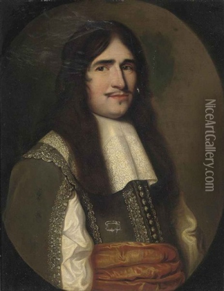 Portrait Of A Gentleman In A Green Embroidered Coat With A Rust Sash And Lace Collar Oil Painting - Gerrit Van Honthorst
