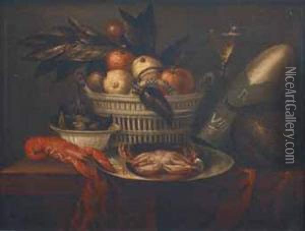 Nature Morte Au Panier De Fruits, Crustaces Et Melon Sur Une Table Oil Painting - Jan Albertz. Rotius