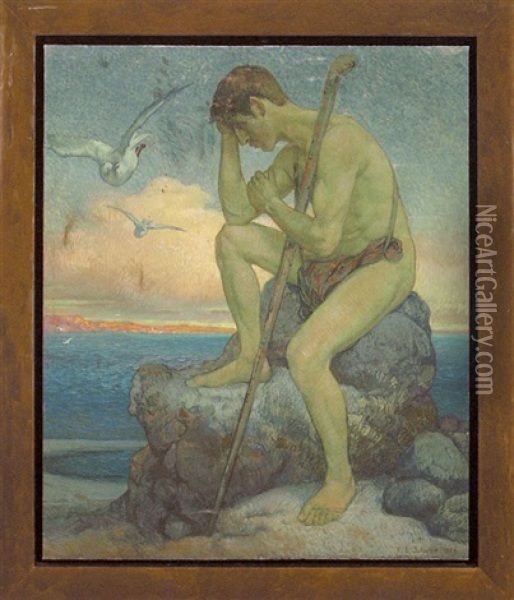 Pensive Male Figure On Rocky Shore Oil Painting - Emil Schulze