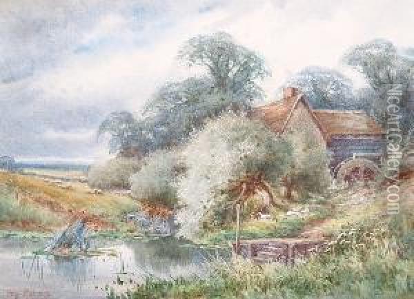 Ducks By A Watermill; A Rural Landscape Oil Painting - Hetty Richards