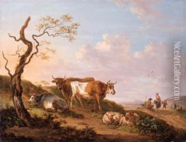 Cows And Sheep By A Broken Tree On The Verge Of A Road, A Shepherdfamily Beyond Oil Painting - Jean-Baptiste De Roy