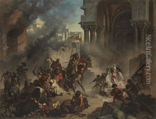 Episodio Della Quarta Crociata - Saccheggio Di Costantinopoli Oil Painting - Cesare Felix Georges dell' Acqua