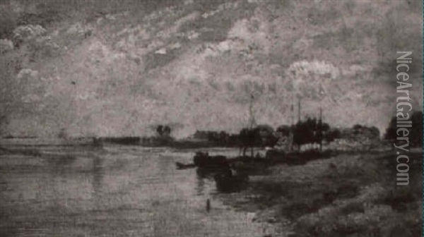 Abendliche Seelandschaft, Am Ufer Boote Oil Painting - Ludwig Correggio