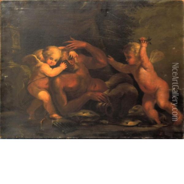 Two Amorini Playing With A Satyr Oil Painting - Giovanni Andrea Podesta