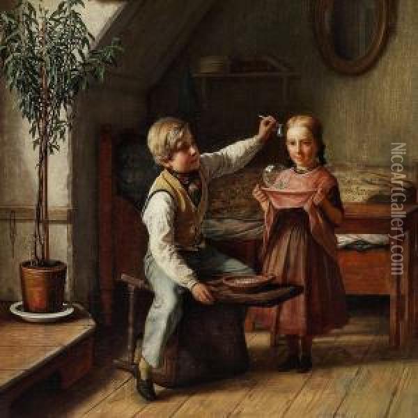 Interior With A Boy And A Girl Blowing Bubbles Oil Painting - David Monies