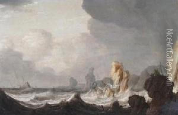 A Ship Foundering On Rocks In A Storm With Figures Praying On A Rocky Outcrop Oil Painting - Pieter the Younger Mulier