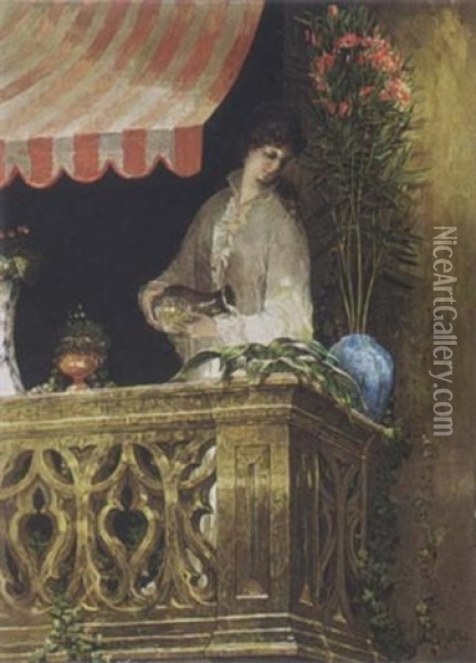 An Elegant Lady On A Balcony Oil Painting - Hendricus-Jacobus Burgers