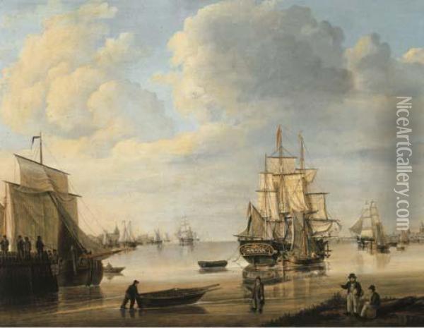 Moored Vessels, Dutch Three-masters And A Rowing Boat In A Calm, Acity Beyond Oil Painting - Johan Hendrik Boshamer