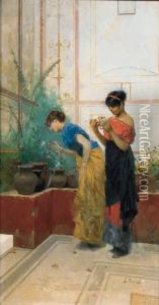 Due Ragazze In Una Villa Pompeiana 1880 Circa Oil Painting - Giovanni Muzzioli