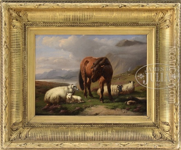 Sheep And Horse In Highland Landscape Oil Painting - Daniel-Adolphe-Robert Jones