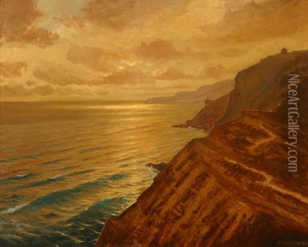 Golden Sunset, California Coast - Near Portuguese Bend, Palos Verdes Oil Painting - Frank William Cuprien