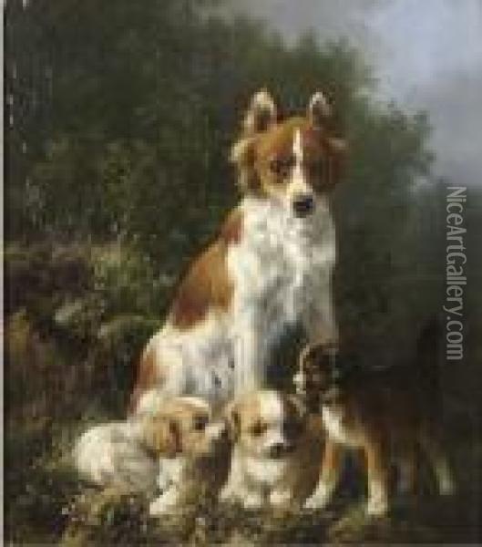 Three Pups And Their Mother Oil Painting - Henriette Ronner-Knip