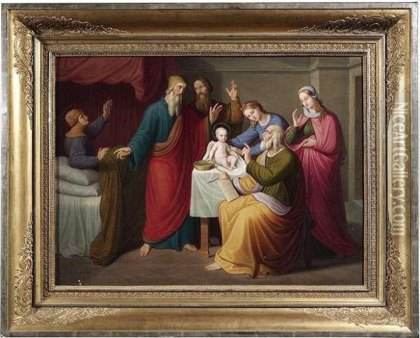 Nativity Of Saint John The Baptist. Maria, Elisabeth, Zacharias And Others Discussing The Child's Name Oil Painting - Gustav Jager