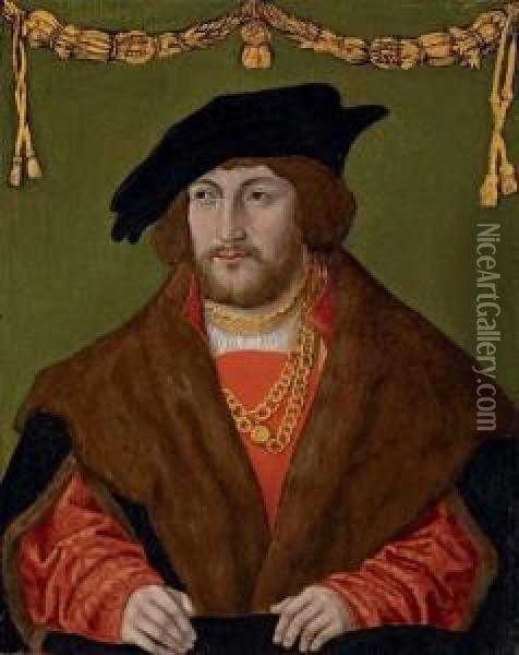 Portrait Of A Gentleman, Bust-length, In A Red Doublet With A Brown Fur Cloak, A Gold Chain And A Black Cap Oil Painting - Hans Wertinger