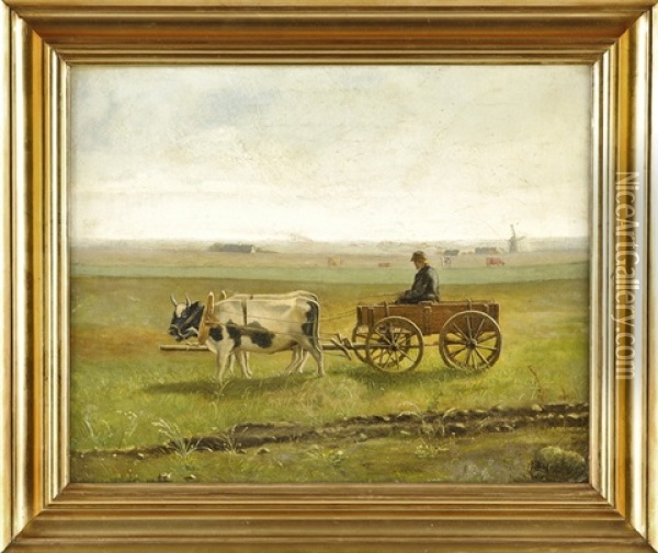 Weite, Horizontal Gegliederte Landschaft Mit Einem Bauern Auf Seinem Fuhrwerk Oil Painting - Niels Pedersen Mols