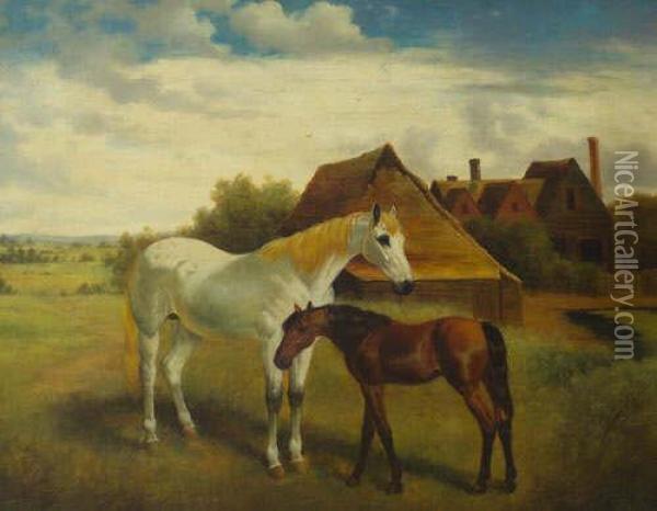 Junior , Horse And Foalby A Barn Oil Painting - John Frederick Herring Snr