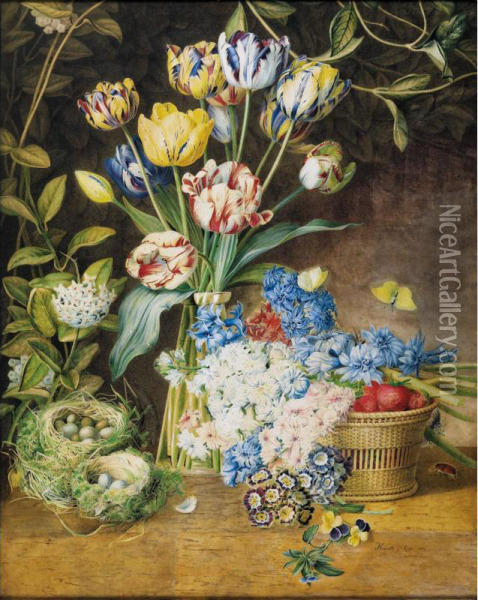 Still Life With A Vase Of Tulips, Bunches Of Hyacinths, Primula And Pansies, A Basket Of Strawberries, And Two Birds' Nests Oil Painting - Henriette Geertruida Knip