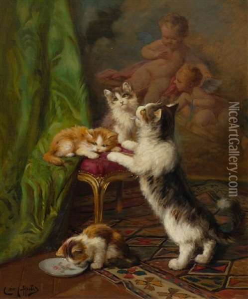 Kittens Playing Before A Tapestry With Two Putti Oil Painting - Leon Charles Huber