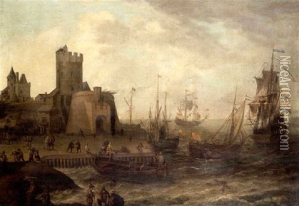 Shipping At Anchor Off A Harbour With Fisherfolk And Other Figures On The Quayside Oil Painting - Isaac Willaerts