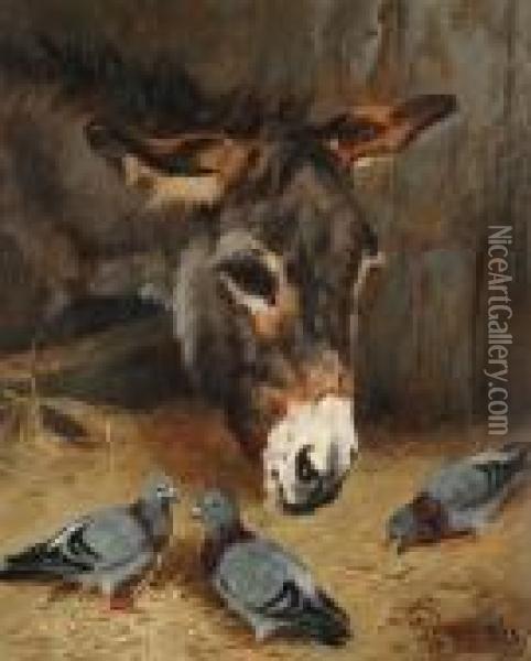 Donkey With Pigeons Oil Painting - Arthur Batt