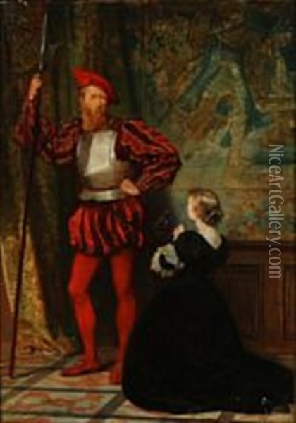 A Kneeling Woman In Front Of A Guard In Armor Oil Painting - Ferdinand Heilbuth