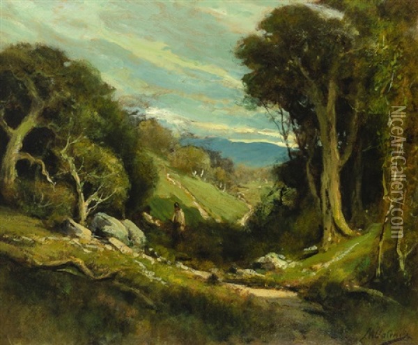 Figure Walking Through A Sunlit Path Through Rollling Hills Oil Painting - Manuel Valencia