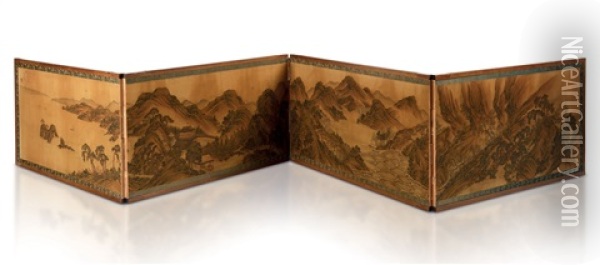 A Four Panel Folding Screen Depicting A Landscape Oil Painting - Chosui Soryo