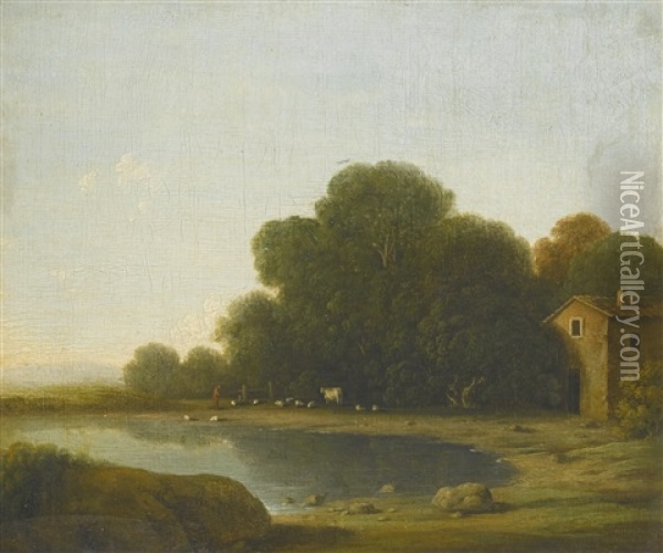 Landscape With A Herdsman Watering His Animals On The Shore Of A Lake, A Farmhouse On The Right Oil Painting - Goffredo Wals