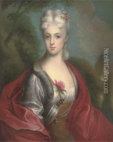 Portrait Of A Lady, Half-length, In A Red Wrap, A Landscapebeyond Oil Painting - Thomas Gainsborough