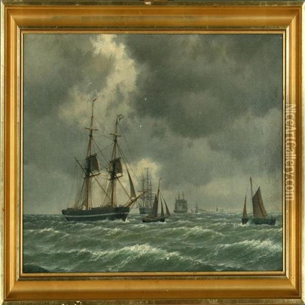 Marine With An English Brig And Several Other Sailing Ships Oil Painting - Carl Emil Baagoe