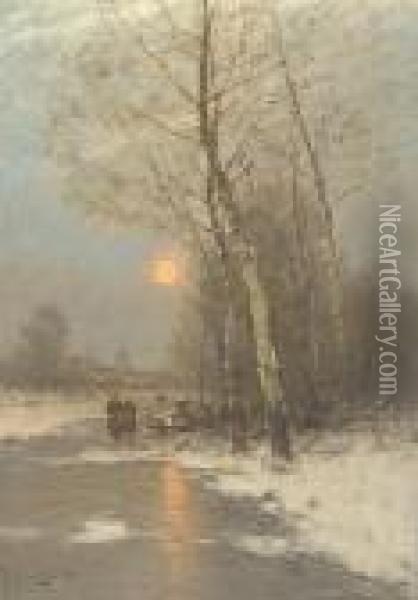 Figures On A Frozen Dutch River Oil Painting - Johann Jungblutt