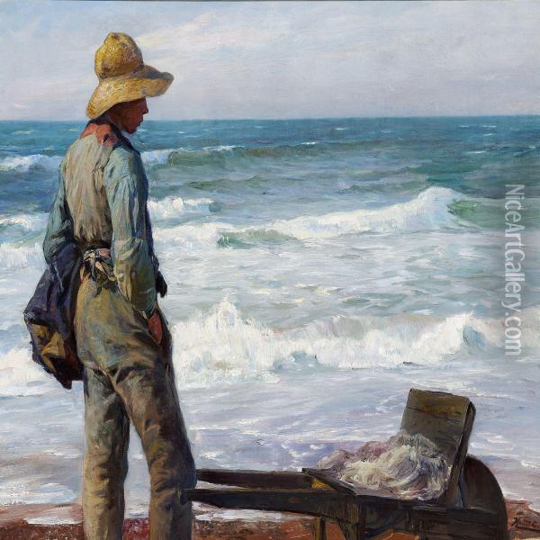 A Young Fisherman With His Wheelbarrow At The Beach Oil Painting - Knud Larsen
