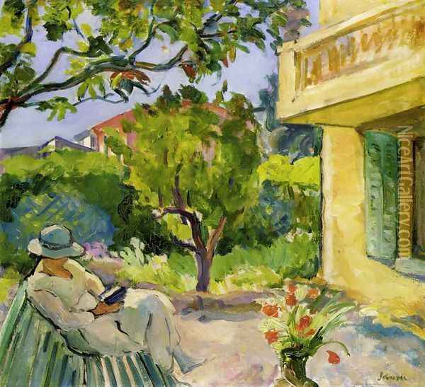 Le Cannet, Madame Lebasque Reading in the Garden Oil Painting - Henri Lebasque