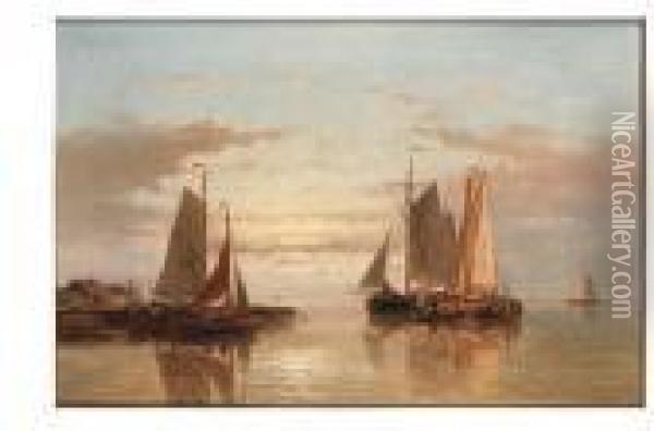An Estuary At Dawn With Sailingvessels At Anchor Oil Painting - Abraham Hulk Jun.